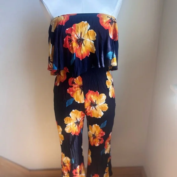 AKIRA Strapless Floral Jumpsuit - Navy and Orange - Picture 2 of 7